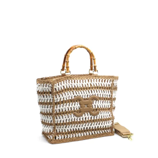 geflochtene Tragetasche mit Monogramm und Bambusgriffen weiss-beige